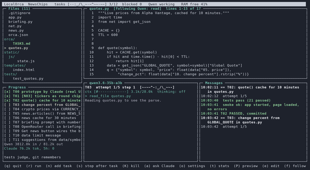 The LocalOrca dashboard while Qwen builds